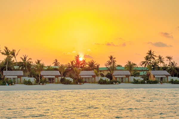Beach villas behind palm trees at sunset, viewed across calm water at You & Me Maldives, Raa
