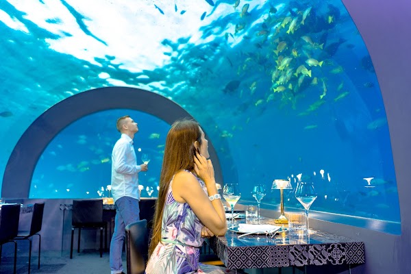 A couple dining in an underwater restaurant at You & Me Maldives, fish swimming overhead through the glass